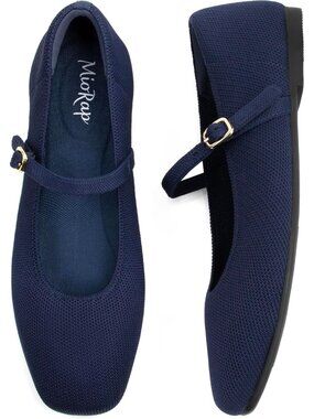 Women's Navy Comfortable Knit Ballet Square Toe Adjustable Straps Shoes Flats